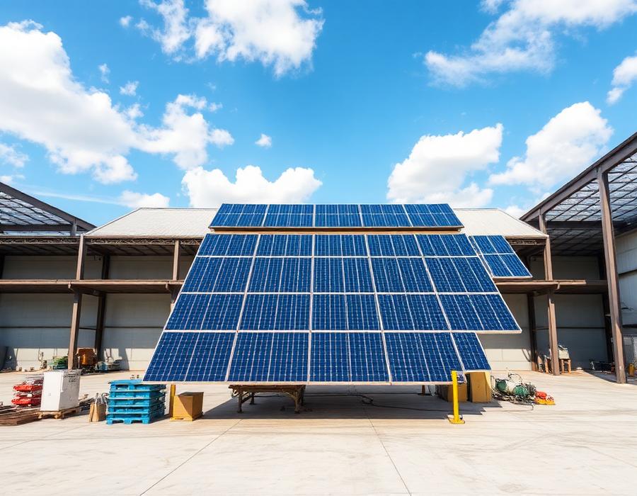 Galpão industrial com grande instalação de painéis solares