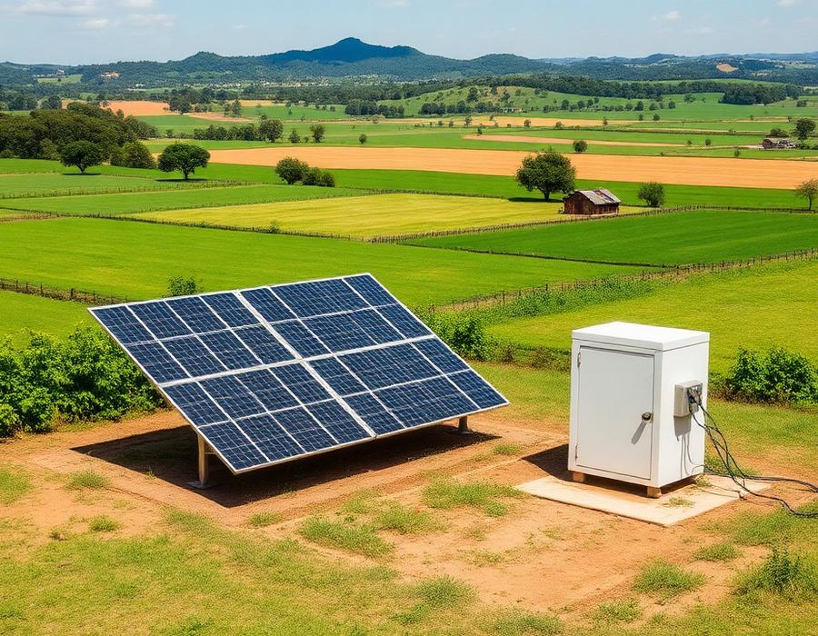 Propriedade rural com painéis solares em solo e sistema de baterias